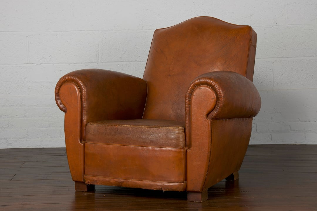 1930s French Art Deco Club Chair W/ Original Brown Leather StandOut