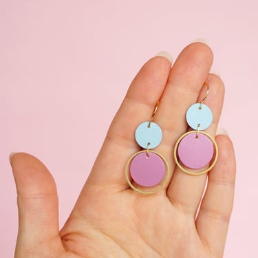 Lilac + Blue Orbit Leather Earrings - Colourful Retro Statement Earrings 