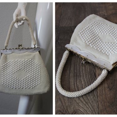 Vintage 1950s Sweet White Lucite and Beaded Handmade in Hong Kong Purse Handbag with handles pin up 