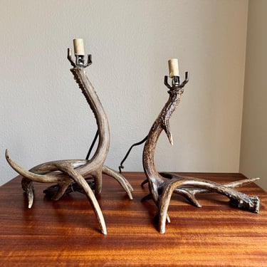 Pair Deer Antler Accent Table Lamps, AS FOUND Antique Vintage Rustic Primitive 