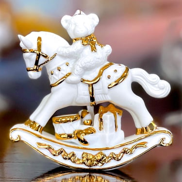 VINTAGE: Bisque Porcelain Christmas Rocking Horse Ornament - White Porcelain and Gold Ornament - Holiday Ornament 