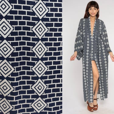 Geometric Print Kimono Y2K Navy Blue Cotton Robe Maxi Jacket Japanese Full Length Asian Boho Hippie Vintage 00s Small Medium Large 