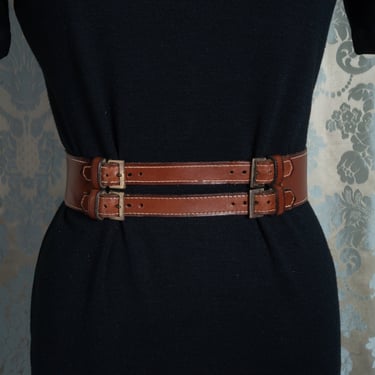 Vintage 70s Genuine Leather Tan Four-Buckle Adjustable Wide Belt 