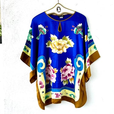 Vintage Boho Floral Silk Kimono Cardigan  Jacket // Blue Asian Avant Garde Oversize Top Shirt 