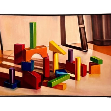 Vintage Signed Modern Abstract Colorful Blocks Still Life Original Painting on Canvas 