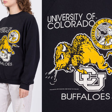 80s 90s University Of Colorado Buffaloes Sweatshirt - Men's Large, Women's XL | Vintage Black Raglan Sleeve College Football Pullover 