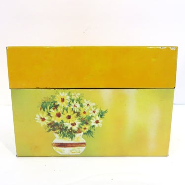 Vintage Yellow Daisies Tin Recipe Box - 1970s Floral Ohio Art Recipe Box 