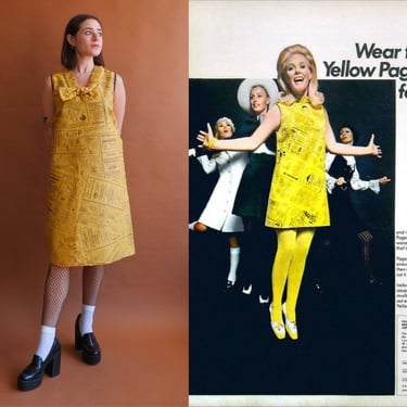 Vintage 1968 Yellow Pages Paper Dress/ 1960s Newspaper Print Novelty Party Dress/ Size Medium 