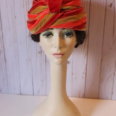 Vintage 1960s 70s Joseph Magnin California Silk Velvet Orange Gold Turban Women's Hat 