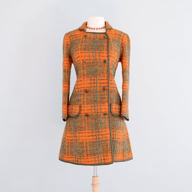 Vintage 1960's Made in Italy Green &amp; Orange Plaid Boucle Wool Coat / ML