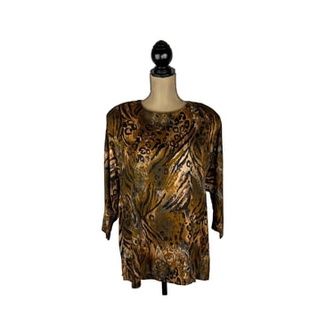 80s 90s Rayon Animal Print Top, 3/4 Sleeve Shoulder Pad Tunic, Fall Earth Tone Abstract Blouse 1X, Plus Size Clothes Women Vintage 