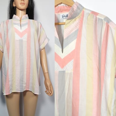 Vintage 80s Plus Size Striped Tunic Summer Blouse Made In USA Size 2X 