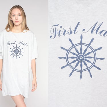 First Mate T-Shirt Dress 90s Nautical Graphic Tee Grey Print Sailing Pajama Lounge Dress Beach Cotton Vintage 1990s Small Medium Large 