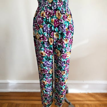 Multicolored Floral Print Pants - 1980s 
