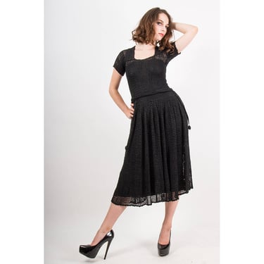 1930s dress / Vintage crochet black knit dress 4 piece set   XS 