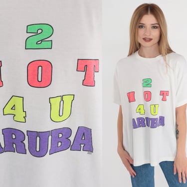 2 Hot 4 u Shirt 90s Aruba Jamaica T-Shirt Too Hot For You Graphic Tee Sexy Sassy Funny TShirt Retro Single Stitch White Vintage 1990s Medium 