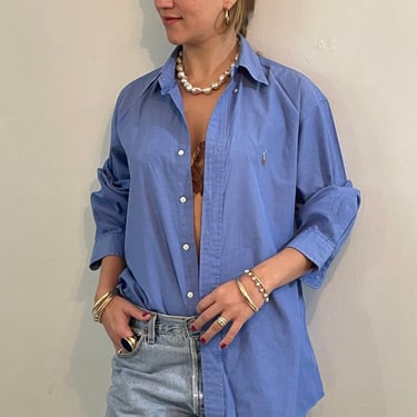 80s Ralph Lauren shirt / vintage blue Pima cotton embroidered polo logo button down oversized boyfriend menswear collared shirt | Large 