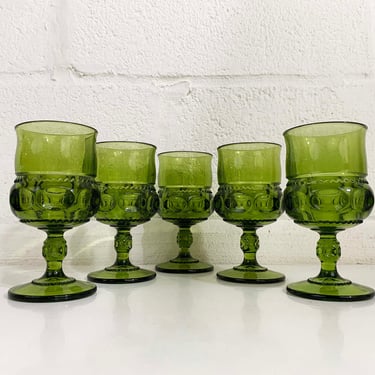 Vintage Green Kings Crown Goblets Mount Vernon Water Glasses Thumbprint Stemmed Emerald Set of 5 Indiana Glass Olive Green Avocado 1960s 