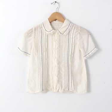 1920s silk blouse, cream pin tuck lace button up top xs 