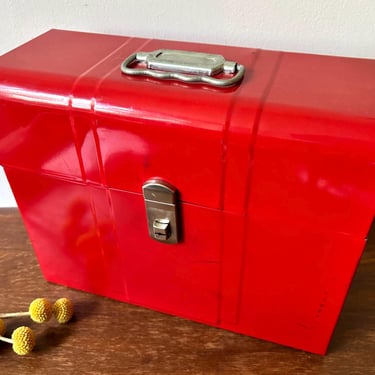 Vintage Hamilton Climax Red Metal Tool File Box w Key | Storage Industrial Farmhouse Home Decor | Retro Stationery | Woodshop Garage Office 