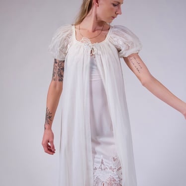 50s White Peignoir Robe With Embroidered Puff Sleeve Nylon Midi Dressing Robe Vintage 50s Lingerie 