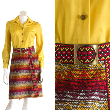 1970s belted dress with southwestern style woven skirt 