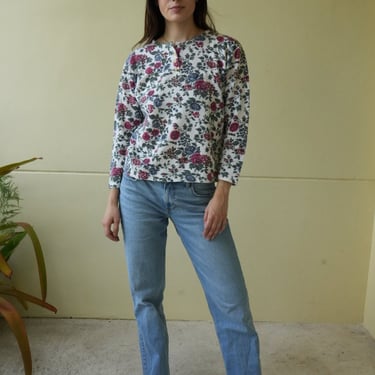 Vintage 90's Shirt / Floral Printed Long John Henley / Long Underwear / Layering Piece / Cotton Ribbed Shirt 