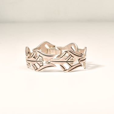 Modernist TAXCO Sterling Silver Link Bracelet By Pedro Castillo, Abstract 925 Flower Link Cuff, 7