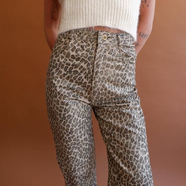 Vintage 80s Suede Leopard Print Pants with Metallic Gold Polka Dots/ Size Small 25 