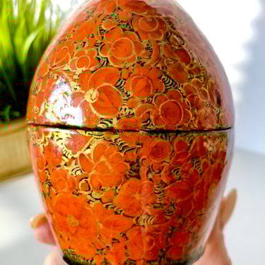 Vintage Egg Shaped Trinket Box, Egg Shape Decorative Jewelry Box, Orange Gold Floral Kashmir Paper Mache, Papier Mâche Box, Stash Box 