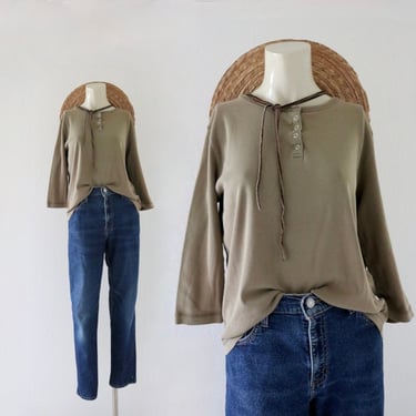 worrrn mocha crop henley - l - vintage 90s y2k brown beige womens size large cropped shirt 