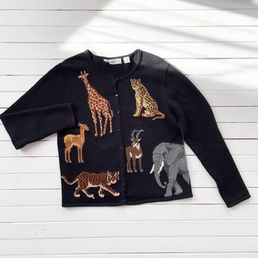 black embroidered sweater 90s vintage Marisa Christina safari animal cardigan 