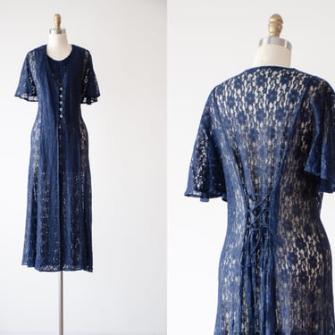 sheer lace dress | 90s vintage navy blue see through lace corset tie back maxi dress 