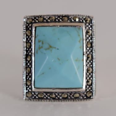 80's sterling turquoise marcasite size 5.75 rocker statement, big Thai 925 silver blue stone pyrite rectangle ring 