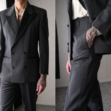 Vintage 80s BYBLOS Charcoal Double Breasted Smoking Suit w/ Black Satin Embroidered Lapel | Made in Italy | UNWORN NWT | 1980s Designer Tux 