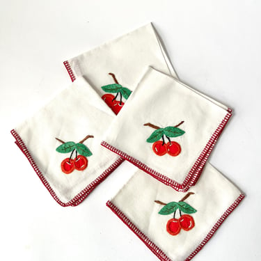 Vintage Cocktail Napkins with Cherry Embroidery 