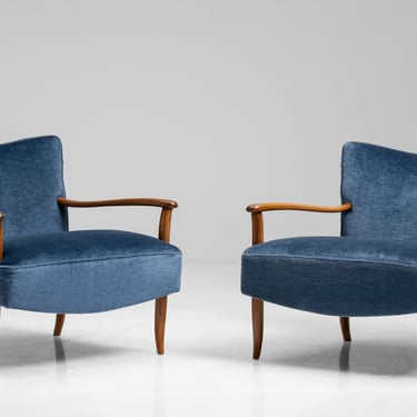 Pair of Blue Velvet & Walnut Armchairs