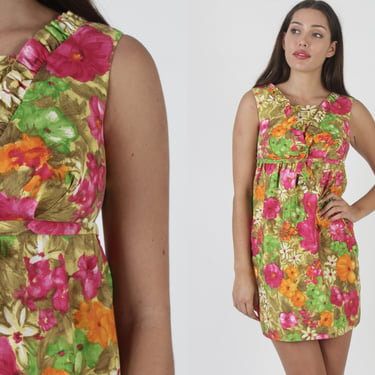Colorful Tropical Vacation Mini Dress, Hot Pink Nature Print Hawaiian Frock, Vintage 70's All Over Print Floral Short Sundress 