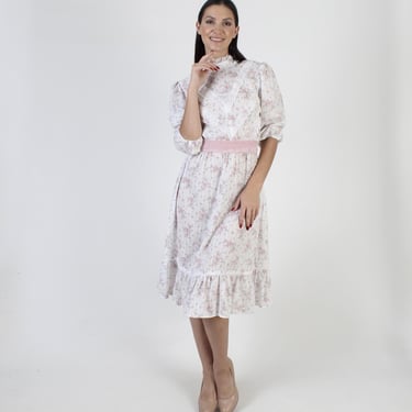 Romantic Rose Print Floral Dress, 70's White Sheer Fabric, High Lace Collar, Romantic Prairie Sundress 