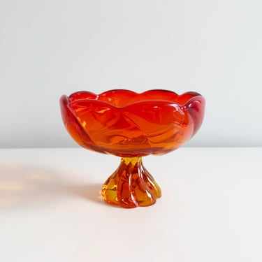 Viking Glass Orange 8-Petal Pedestal Swirl Candy Dish Persimmon Amberina Mid-Century Modern USA Vintage 1970s 