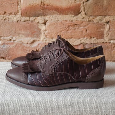 brown leather oxford shoes | 90s vintage Enzo Angiolini dark brown alligator leather dark academia lace up shoes size 6.5 