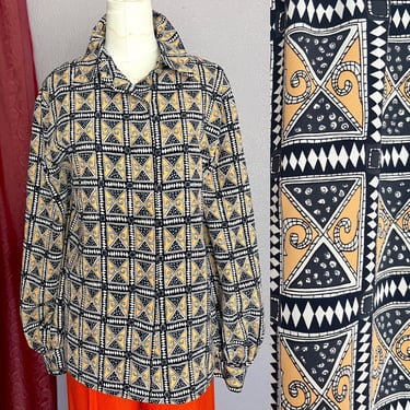 Vintage 70s Top, Geometric Blouse, Button Down, Bold Print, Plus Size 