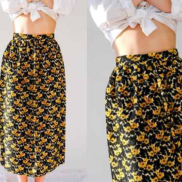 Vintage 60s Black & Dandelion Yellow Floral Velvet Burnout Tapestry High Waisted Skirt | Cottagecore, Boho | 1960s Handmade Bohemian Skirt 