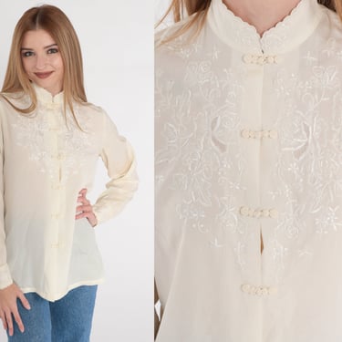 Embroidered Silk Blouse 80s Floral Top Cream Button up Shirt Long Sleeve Mandarin Collar Frog Closure Bohemian Vintage 1980s Extra Small xs 