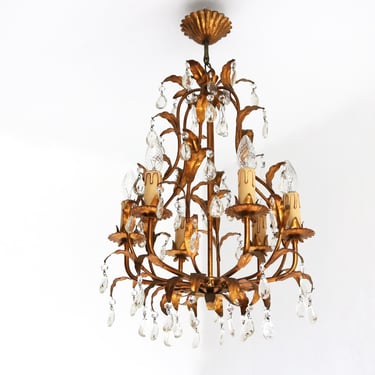 Italian Patinated Gold Leaf Chandelier Hanging Crystals Florentine Tole Pendant Ceiling Light Gold-Plated Metal Hollywood Regency 1950s 