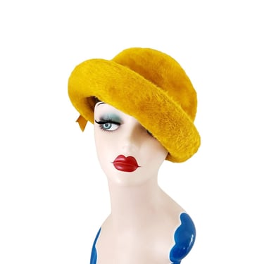 Vintage 60s Yellow Fedora Hat Fuzzy Wool Marshall Fields 