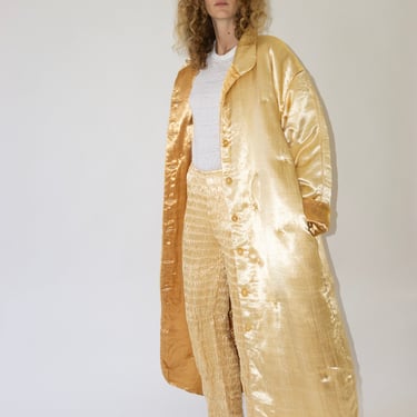 Puffy Silk Long Coat in Pale Yellow