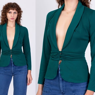 70s Emerald Green Deep V Neck Top - Small | Vintage Fitted Waist Long Sleeve Peplum Shirt 