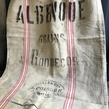 French Linen Grain Sack, Red White Stripe, Upholstery, Pillow Craft Fabric, Rustic French Farmhouse 