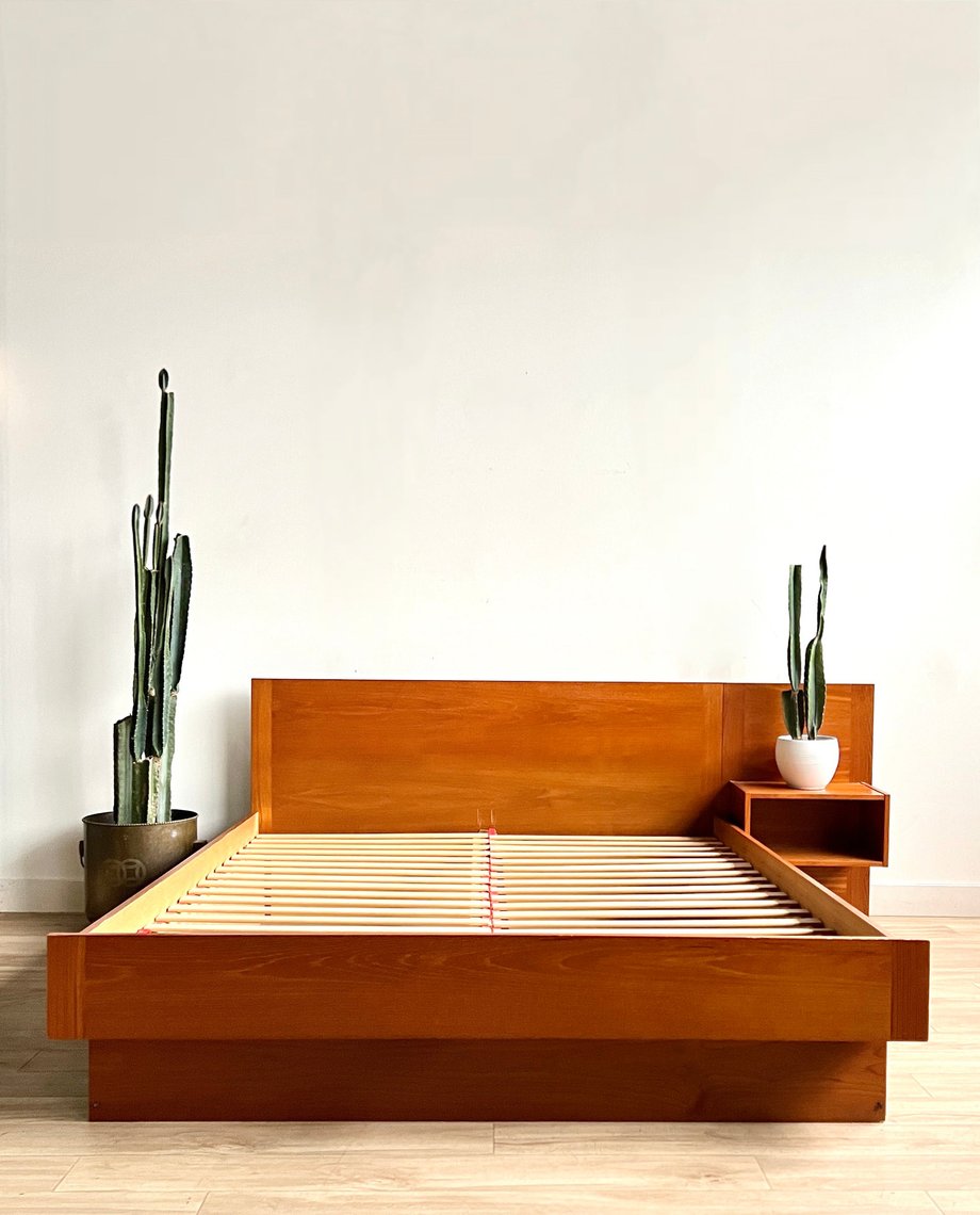 Vintage Danish Teak Queen Platform Bed with Floating Nightstand Home